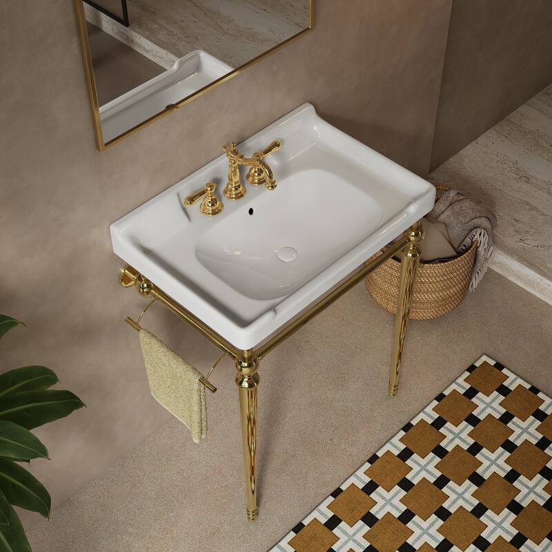 28" Bathroom Console Sink, Wall-Mounted White Ceramic Vanity Basin with 3 Pre-drilled Faucet Holes with Towel Bar