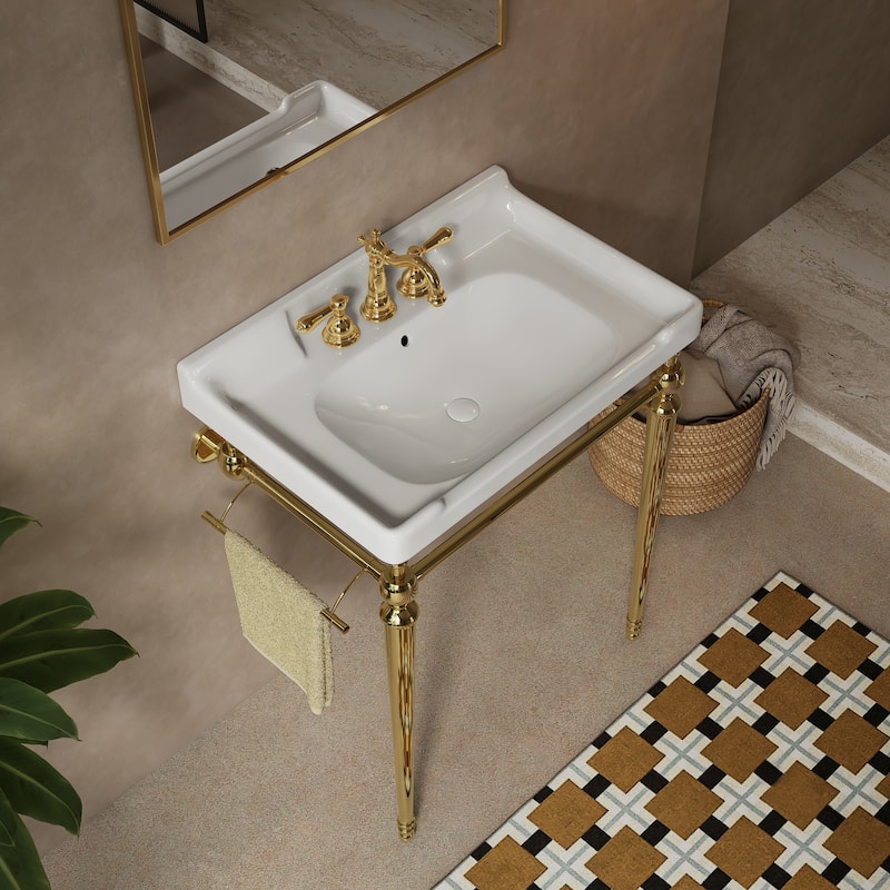 Wall-Mounted Ceramic Vanity Basin with Pre-drilled Faucet Holes, Freestanding Stainless Steel Support Legs with Towel Bar
