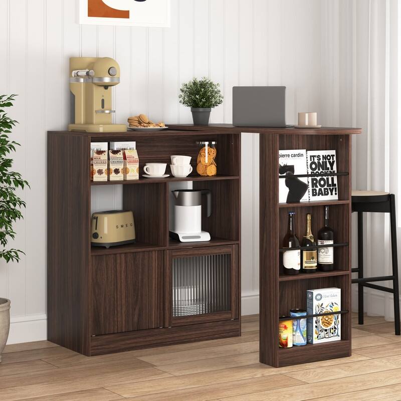 Walnut Modern Bar Cabinet with Rotating Top and Glass Doors