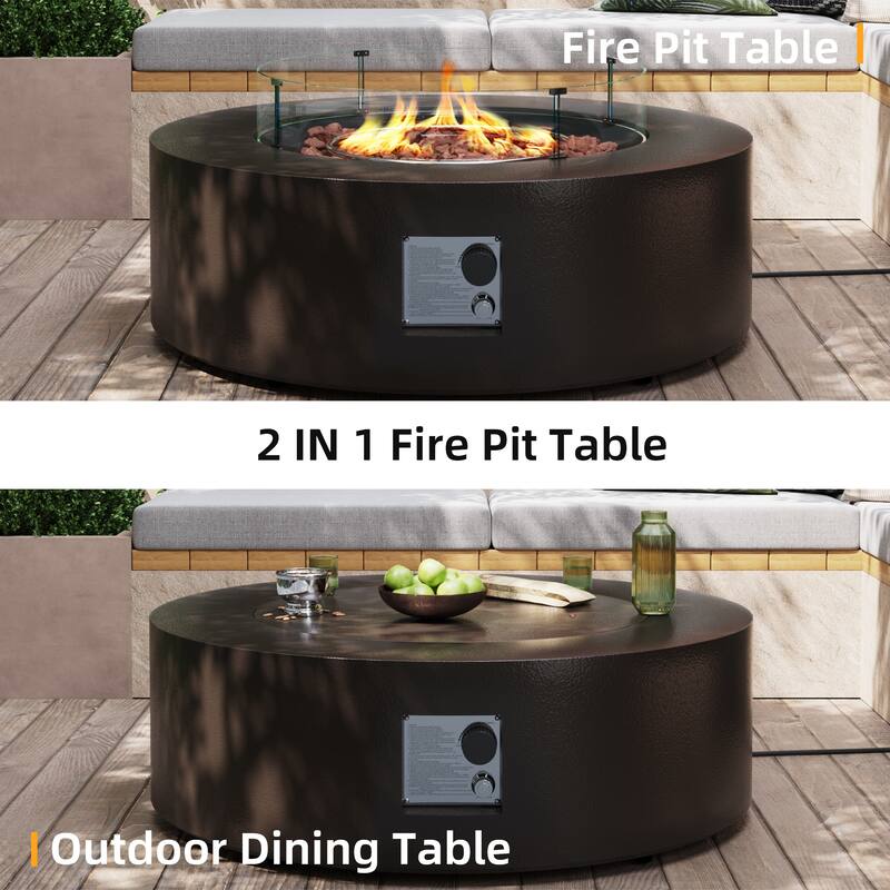 Patio Watcher Outdoor 42in. Iron Fire Pit Table with Propane Tank Cover and Glass Wind Guard