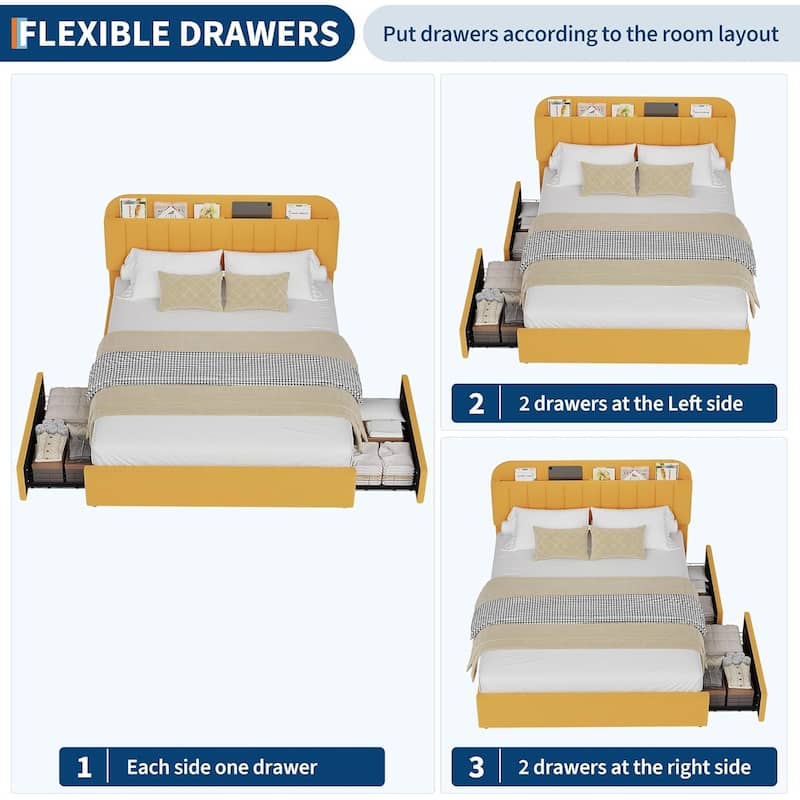 Bed Frame with 2 Drawers, Boucle Upholstered