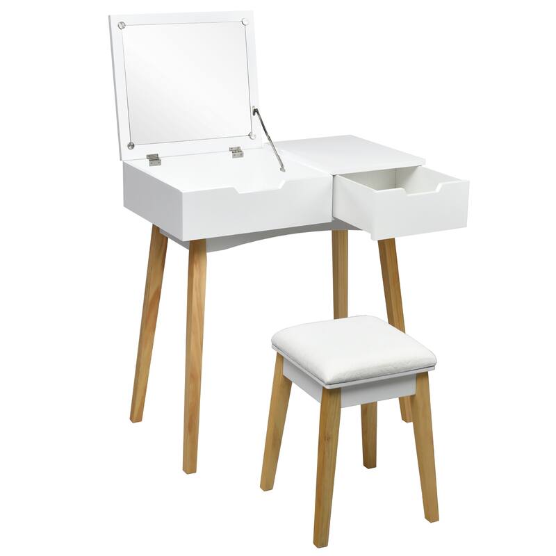 Wooden Vanity Table with Flip Top Mirror Makeup Table and Stool Set - White