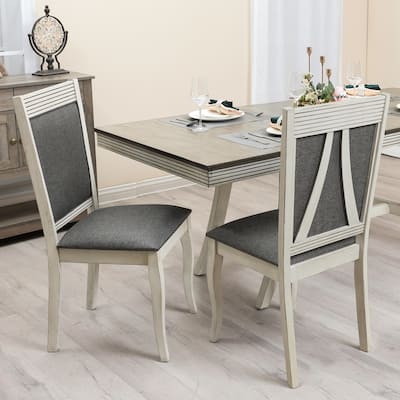 Modern Distressed Off White Rubberwood and Gray Upholstered Dining Chair, Set of 2