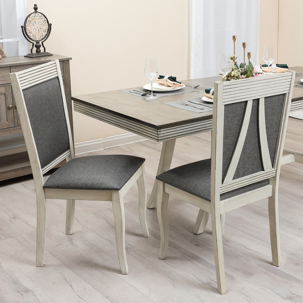 Modern Distressed Off White Rubberwood and Gray Upholstered Dining Chair, Set of 2