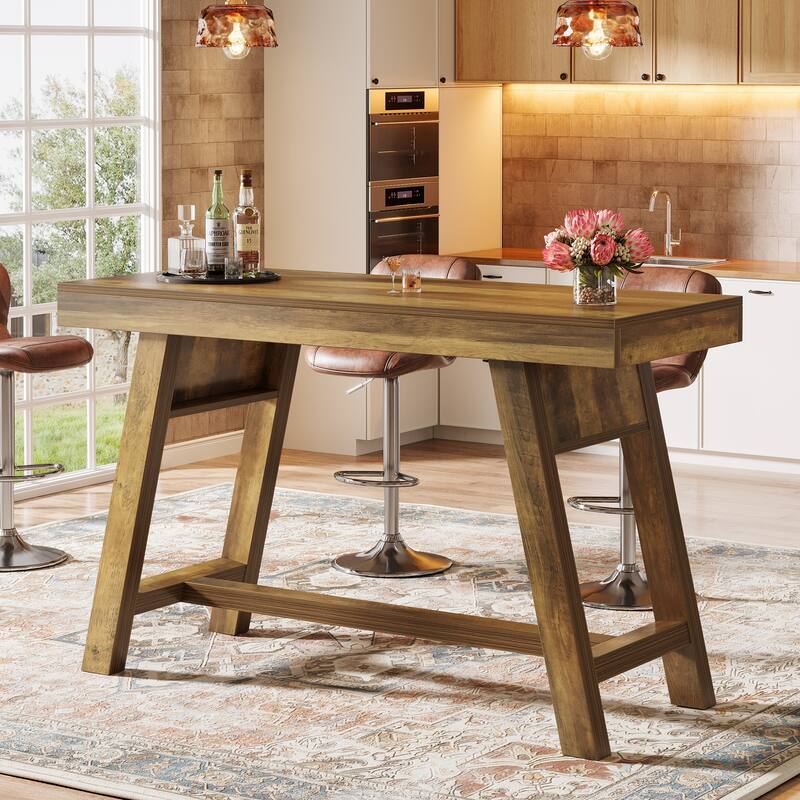 55.12-Inch Bar Table, Rectangular Home Bar Unit with Stable Trestle Legs - Brown