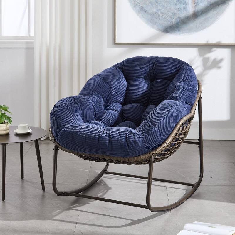 Premium Oversized Rocking Recliner - All-Weather Woven Rattan Chair for Indoor & Outdoor Comfort - Navy Blue