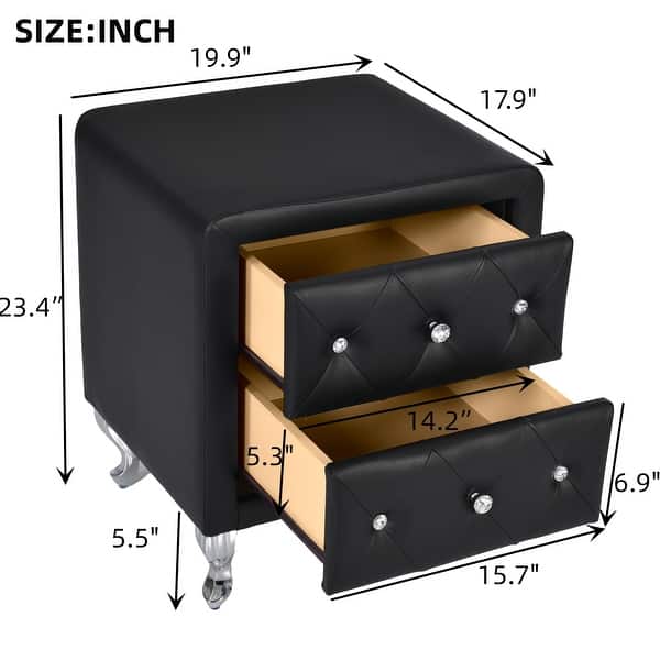 Elegant PU Nightstand with 2 Drawers,Crystal Handle,Fully Assembled