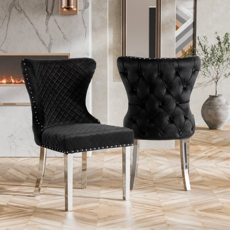 Furniture of America Thaddeus Glam Fabric Dining Chair with Nailhead Trim (Set of 2) - Black & Silver