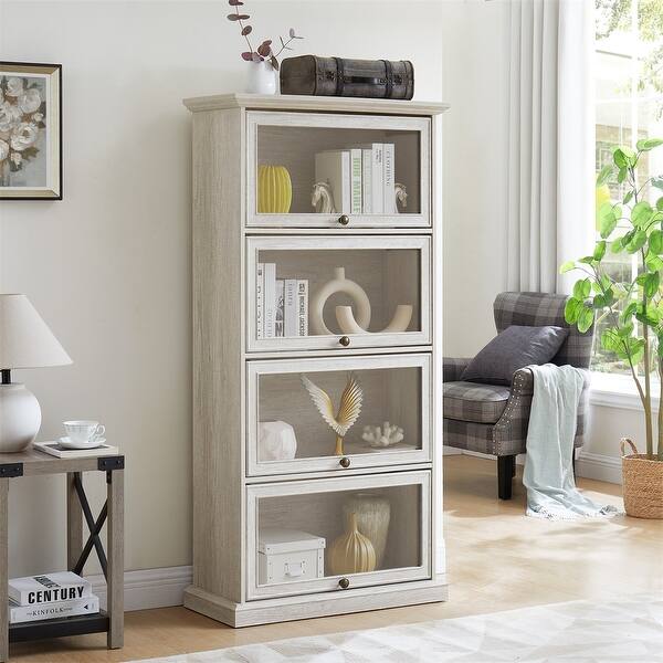 4 Tier Display Curio Cabinet, Storage Bookcase with Flip Up Glass Door - Antique White