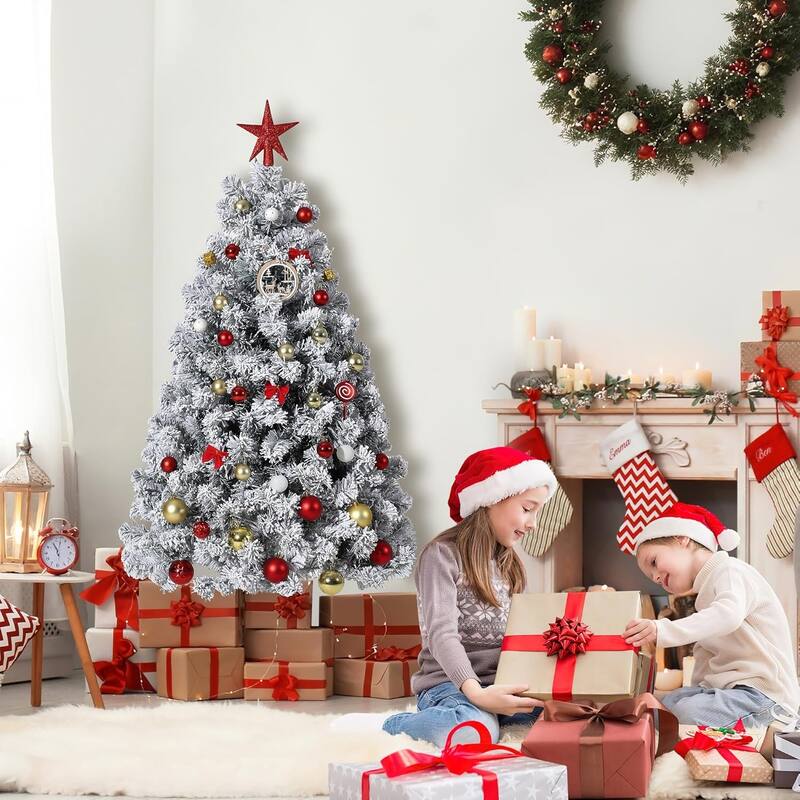 6FT Flocked Artificial Christmas Tree, Prelit with 250 Lights, 8 Light Modes, Easy On/Off Foot Pedal, Foldable Stand