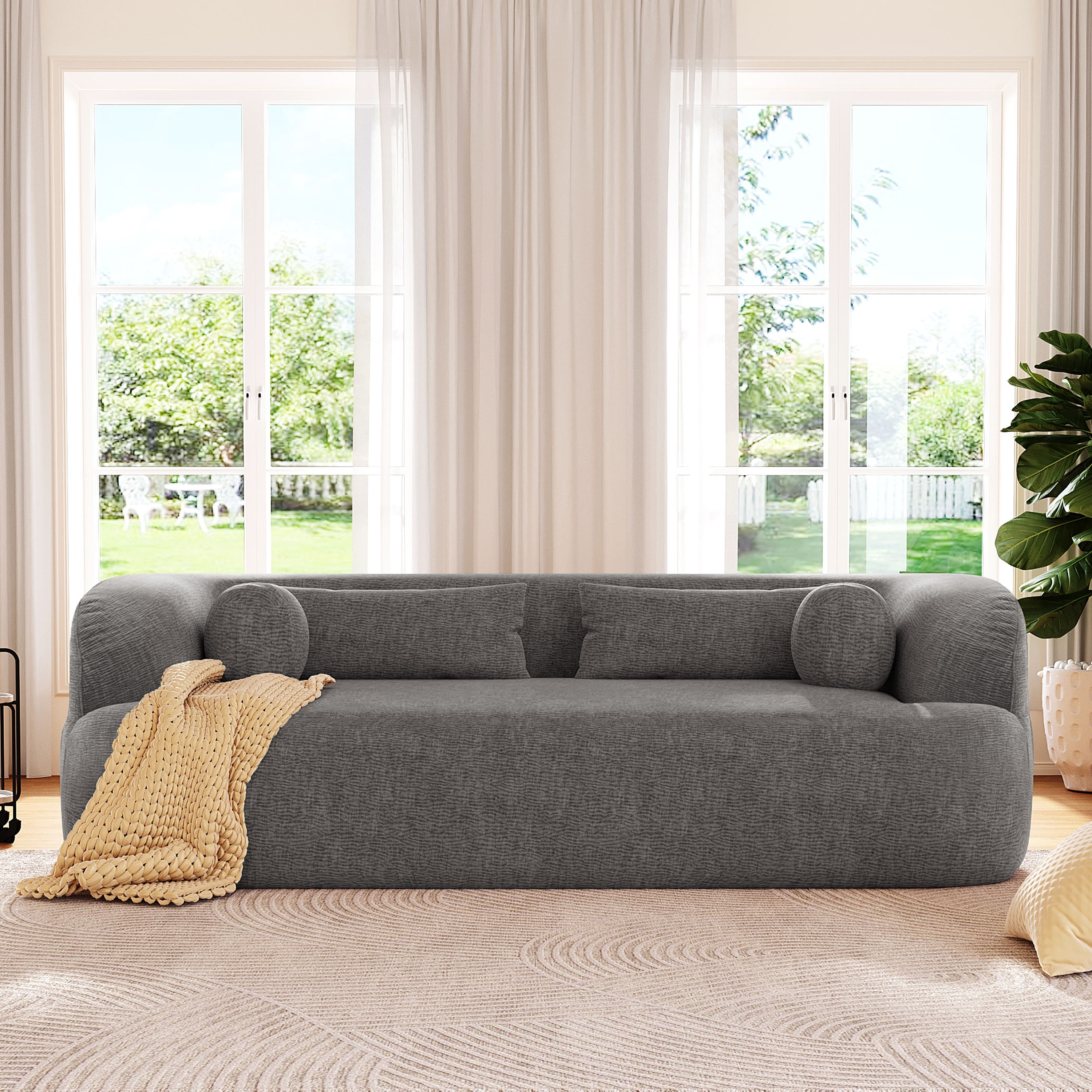 Boneless Couch Upholstered Sofa with Pillows, Gray 3-Seater Sofa Couch Settee Couch for Living Room