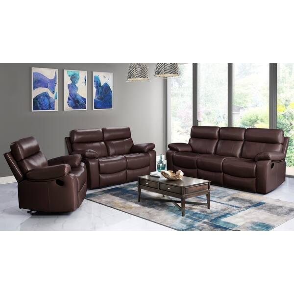 slide 2 of 43, Abbyson Clayton Top Grain Leather 3 Piece Reclining Set Brown - 3 Piece