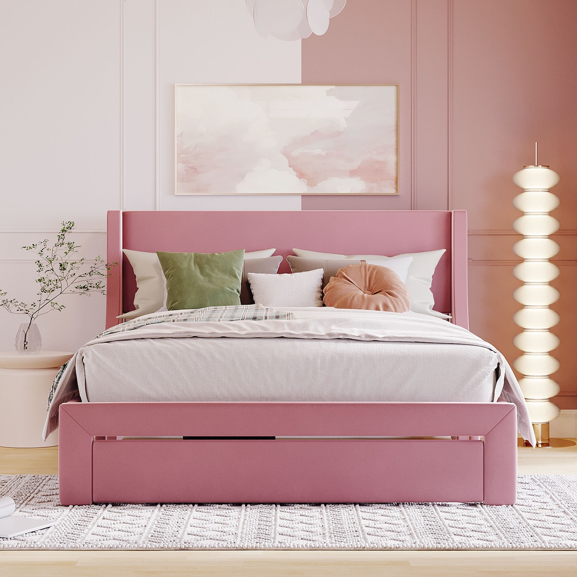 Queen Velvet Upholstered Storage Platform Bed with Big Drawer