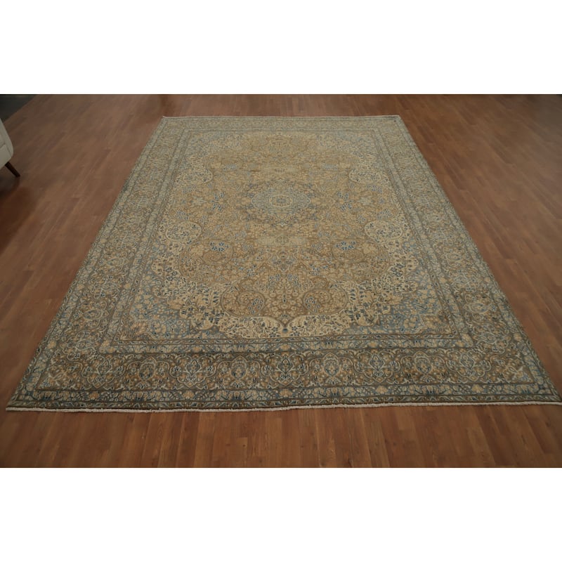 Hand Knotted Oriental 100% Wool Carpet Traditional Floral Brown Kerman Area Rug - 12' 11'' X 9' 7''