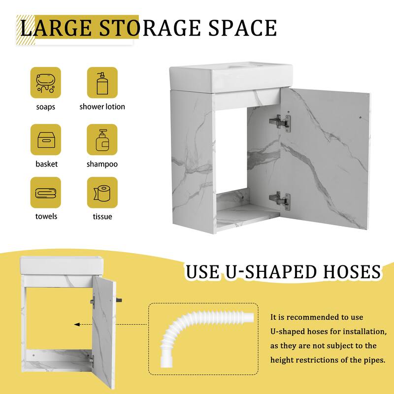 16'' Wall-Mounted Bathroom Vanity with Ceramic Sink, Soft-Close Cabinet Door, & Metal Handle - Space-Saving Design