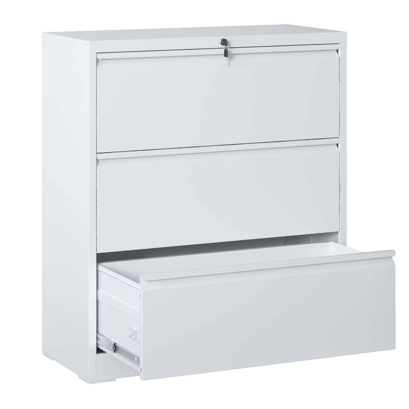 Modern File Cabinet, Lateral File Cabinet Metal File Cabinet with 3 Drawers snd Full Extension Slide, for Home Office, White