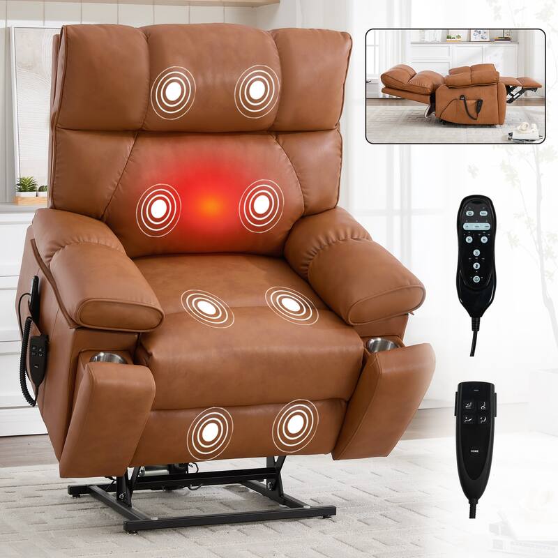 Leatheraire Heat Massage Dual Motor Infinite Position Up to 350 LBS Large Electric Power Lift Recliners with Hidden Cup Holders - Orange