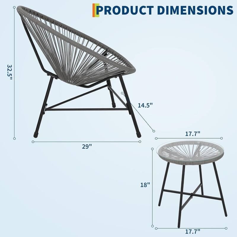 3-Piece Patio Woven Conversation Bistro Set with Glass Top Table and 2 Chairs