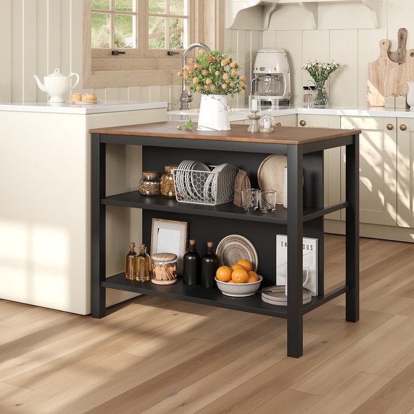 45 Stationary Kitchen Island Rubber Wood Butcher Block Dining Table Prep Table with 2 Open Shelves for Small places Walnut