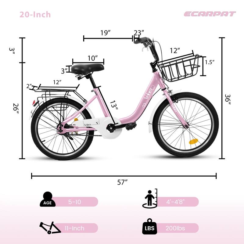 20 Inch Kids Bike for Boys & Girls, Children's Bicycle with Coaster Brake & V-Brake, 1-Speed, Chain Guard & Rear Rack