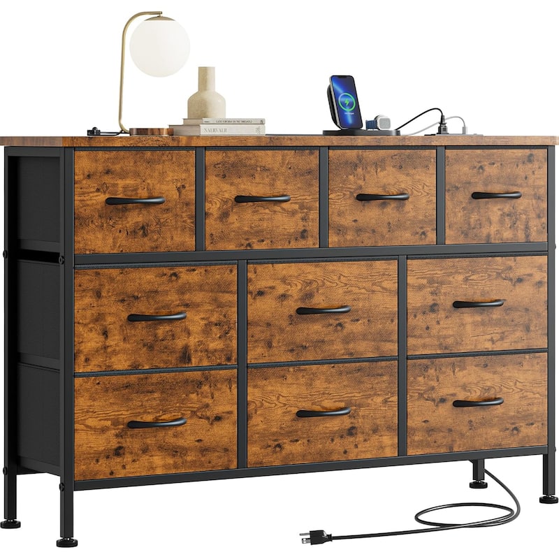 10 Drawer Dresser Fabric 43.3" TV Stand Power Outlet Chest of Drawers
