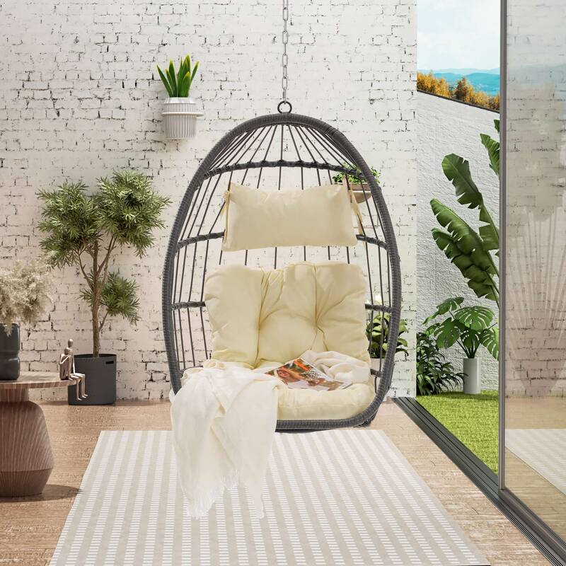 Outdoor Grey Wicker Foldable Swing Hammock Hanging Egg Basket Chair - Beige