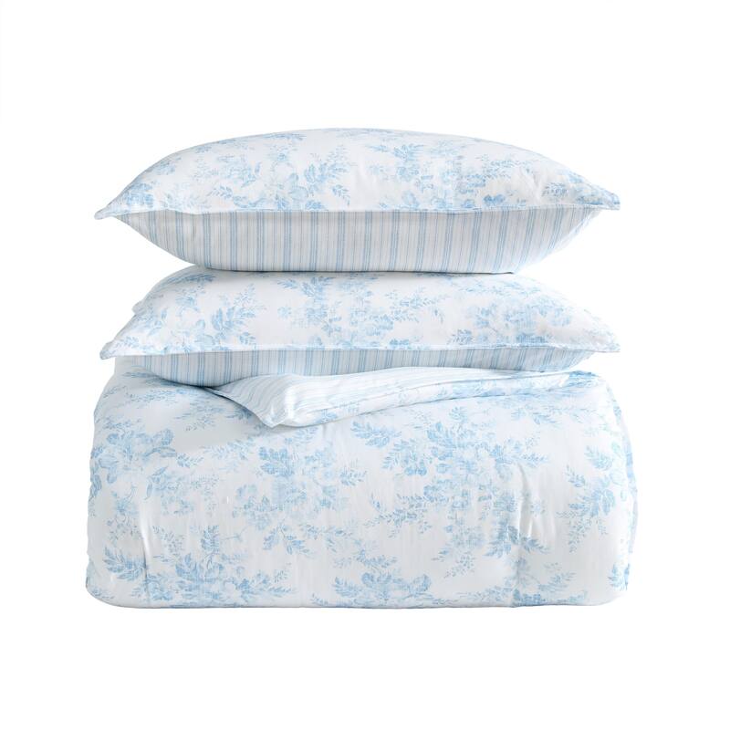 Laura Ashley Annalise Floral Reversible Stripe Breathable Cotton Comforter Set (Blue)