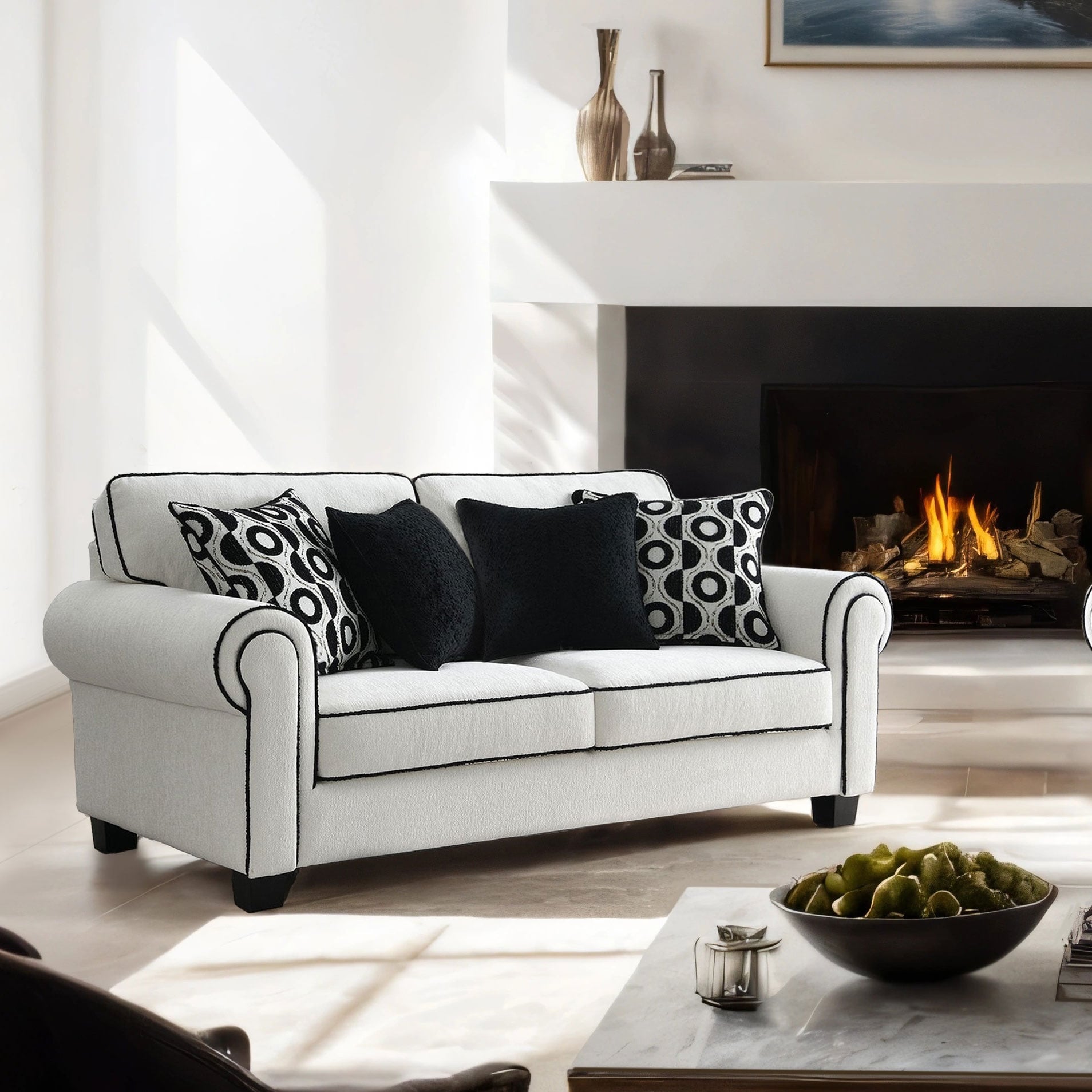 Furniture of America Anastasia Modern White Chenille Loveseat with Accent Pillows