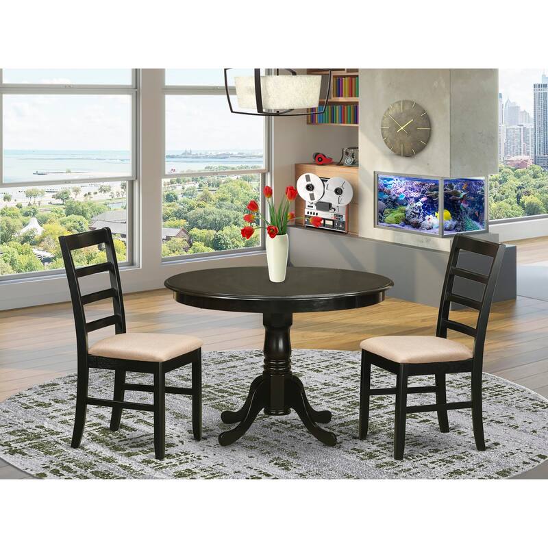 East West Furniture 3 Piece Kitchen Table Set- a Dining Table with Pedestal and 2 Chairs, Cappuccino(Seat Type Options)