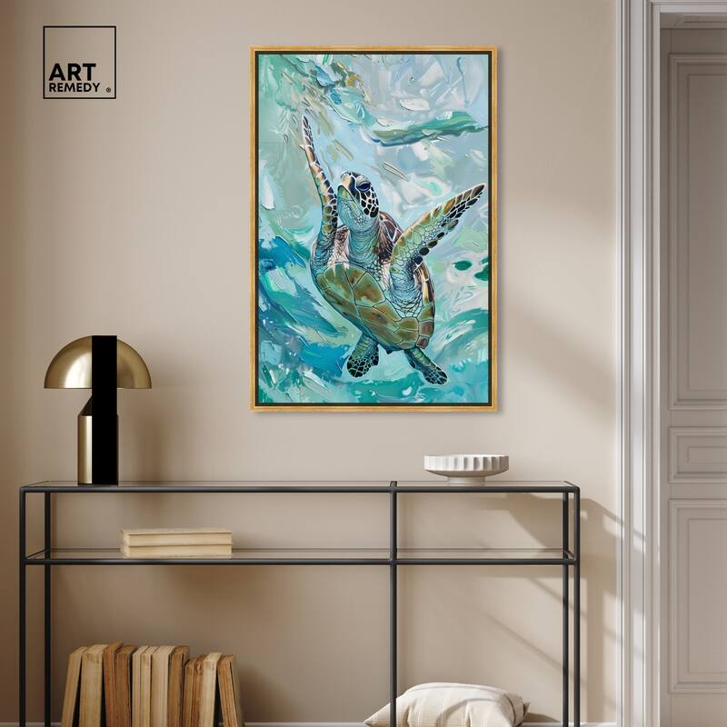 Art Remedy Serene Turtle Framed Colorful Coastal 1 Piece Canvas Wall Art
