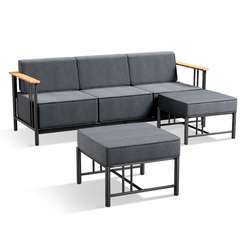 Puffin 3-Seat Outdoor Sofa with White Metal Frame and 10-Inch Thick Dark Gray Cushions and ottomans - Grey - 3-Piece