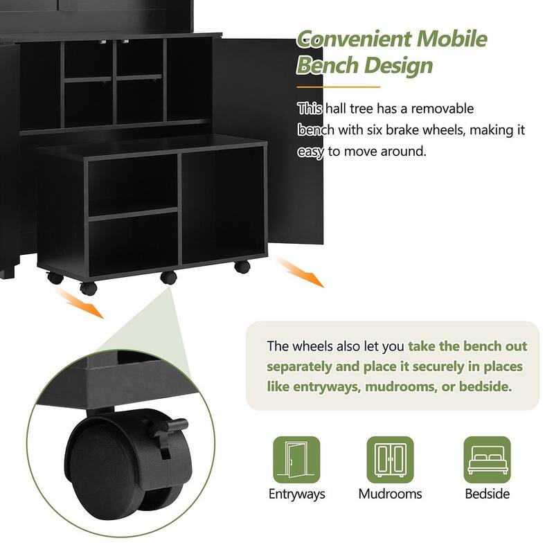 Versatile Hall Tree With Bench Shoe Storage Black Hooks