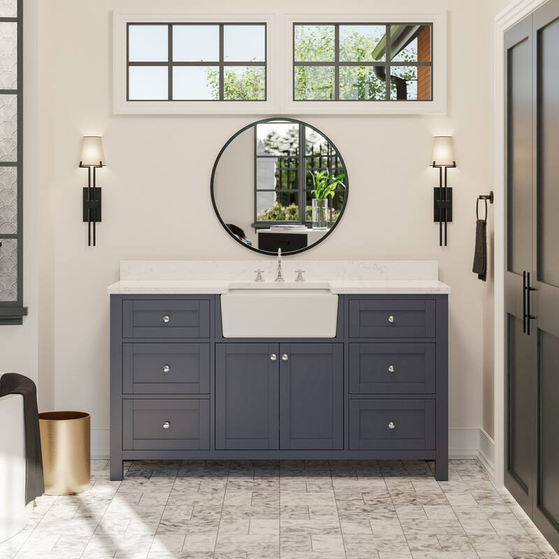 KitchenBathCollection Yorkshire 60" Single Farmhouse Vanity with Engineered Marble Top - Marine Gray