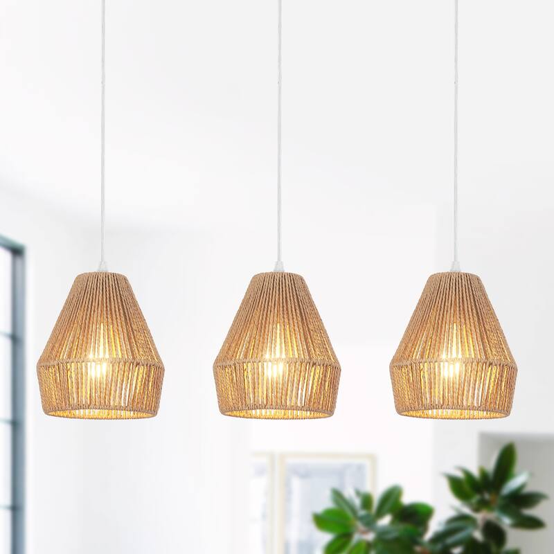 (Set of 3)1-Light Paper Rope Shaded Pendant Lights for Kitchen ，Set of Lghting Fixtures, Farmhouse Semi Flush Mount Chandelier