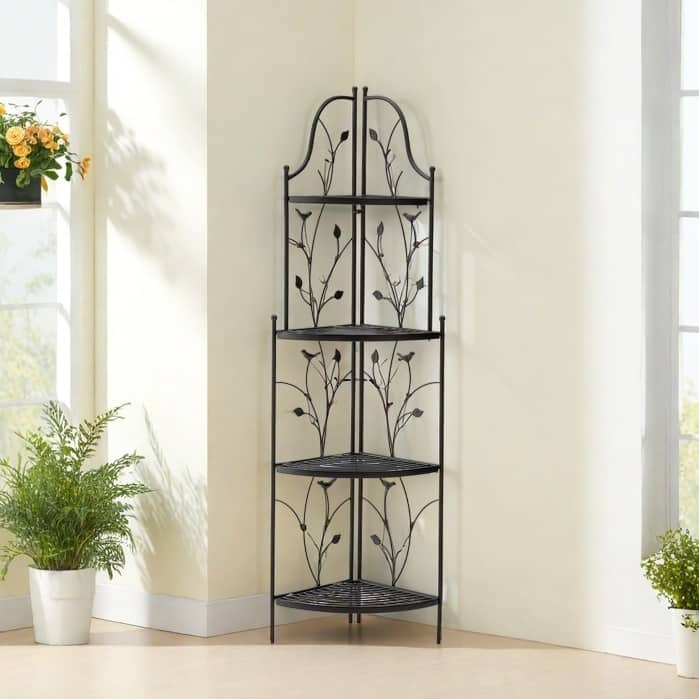 Glitzhome 4-Tiers Multifunctional Metal Corner Plant Shelf Bakers Rack Folding Planter Stands Flower Pot Shelving