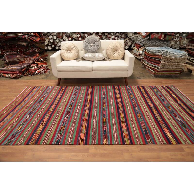 Hand Woven Oriental 100% Wool Carpet Southwestern Tribal Multi-Colored Kilim Area Rug - 10' 1'' X 5' 8''