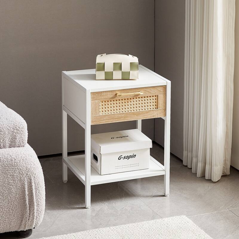 15.74" Modern Rattan End Table with Drawer,Metal Nightstand,Side Table for Living Room, Bedroom