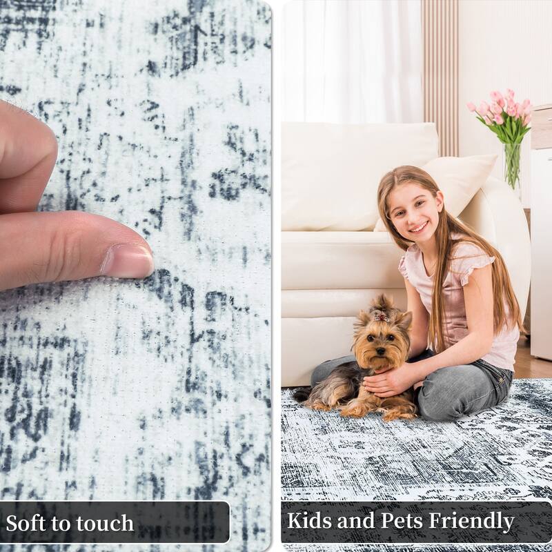 Vintage Medallion Living Room Rug Washable Soft Non-Slip Low Pile Area Rug Indoor Distressed Accent Rug