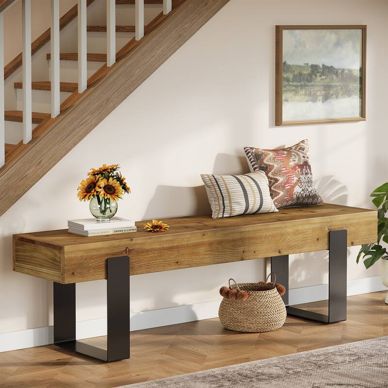 63" Solid Wood Entryway Bench with Metal Legs, Farmhouse