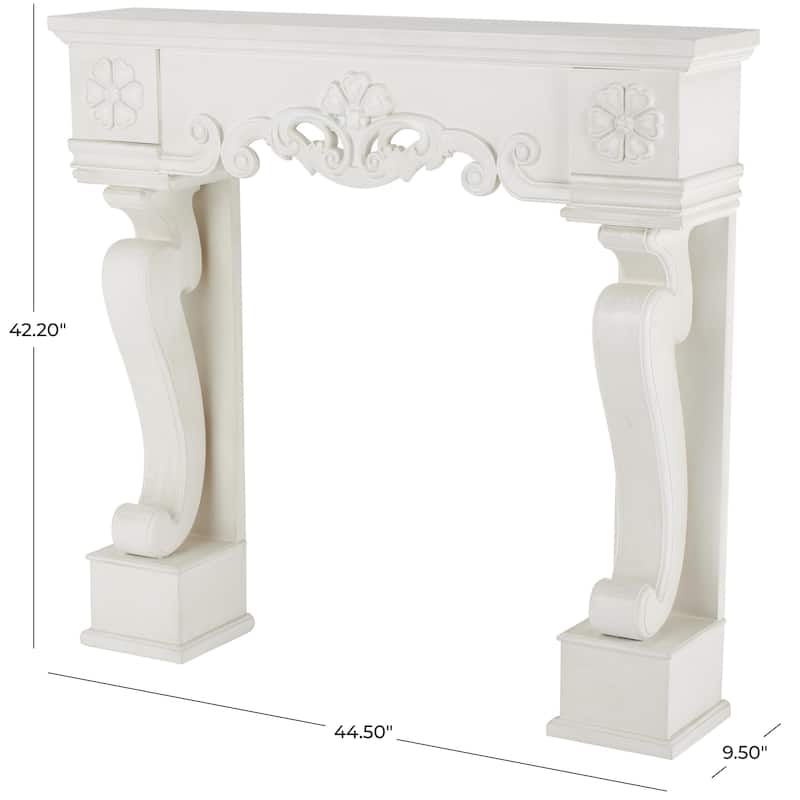 White Wooden Freestanding Scroll Decorative Fireplace Mantle with Floral Accents - 10"W x 45"L x 42"H