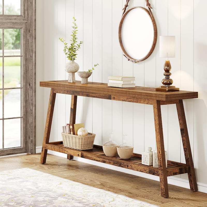 Farmhouse Console Entryway Table: 70.9 Inches Extra Long Console Table for Entryway, 2-Tier Narrow Wood Foyer Sofa Couch Table