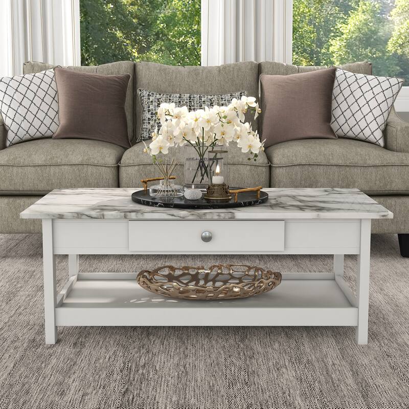 DH BASIC Transitional Rubberwood 3-Piece Open-Shelf Coffee Table and End Table Set with Drawer by Denhour
