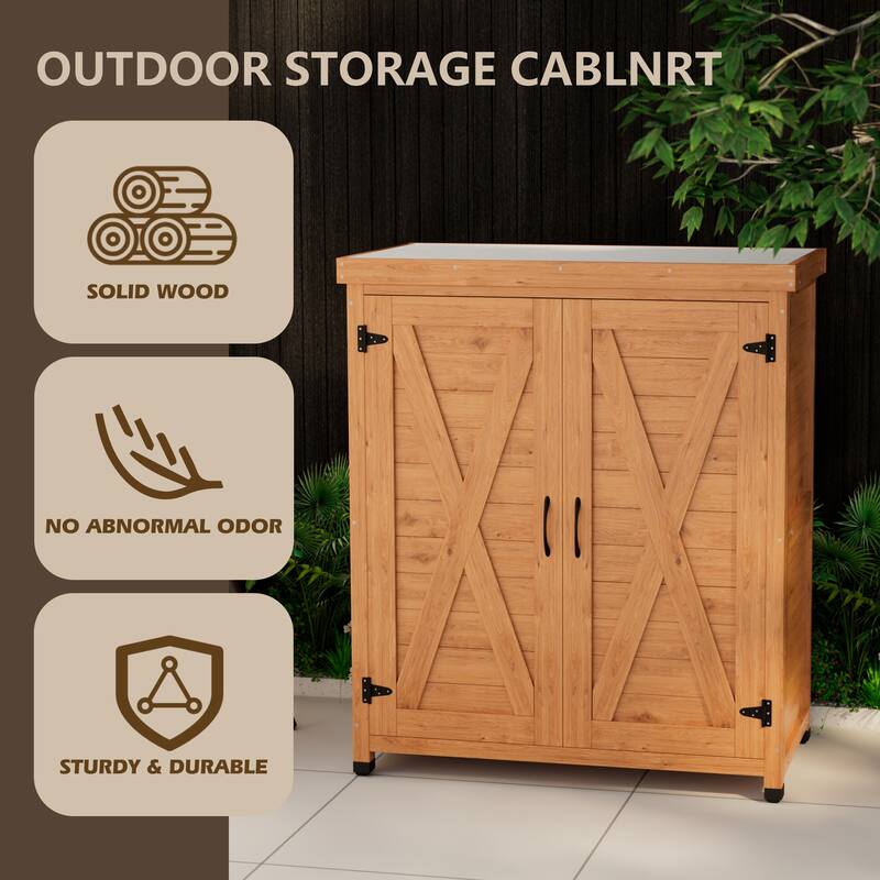 Wooden Patio Furniture with Metal-Tabletop, Potting Bench with Storage Cabinet, Outdoor Patio Storage Cabinet with Shelves
