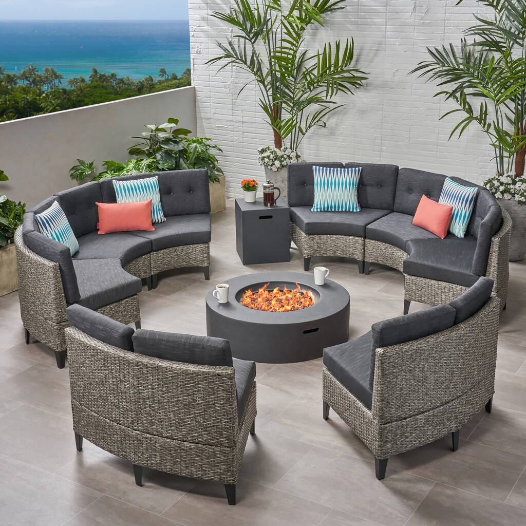 Navagio Outdoor 10-piece Wicker Full Round Sofa Set with Fire Table by Christopher Knight Home