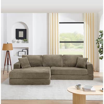 Corduroy Folding Sectional Sofa with Chaise Convertible into Floor Bed