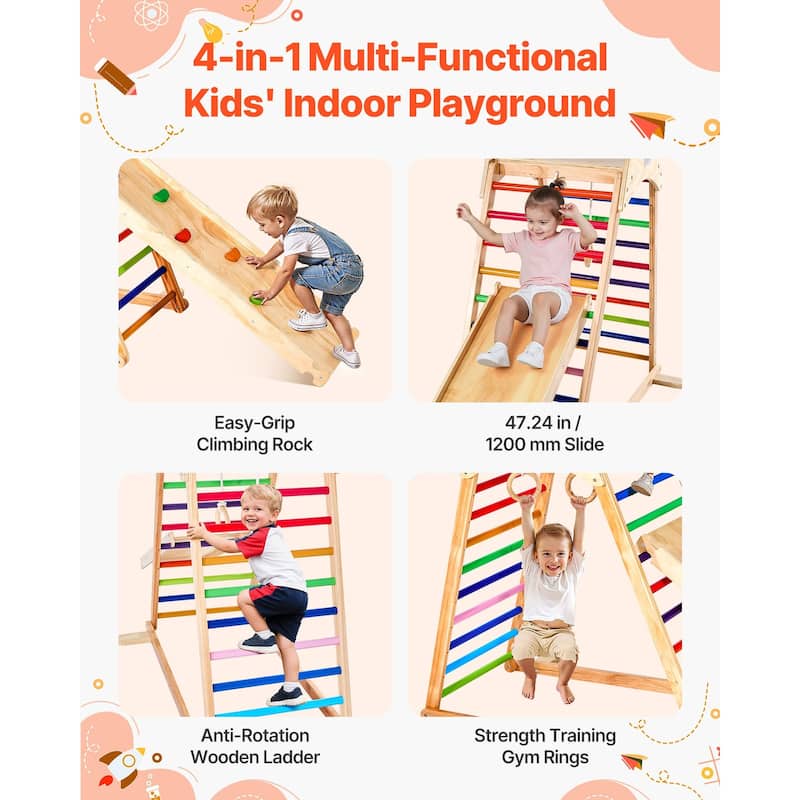 Colorful 4 in 1 Indoor Playground Jungle Gym for Kids with Slide Climbing Rock Wooden Ladder Gym Rings and 220 lbs Capacity
