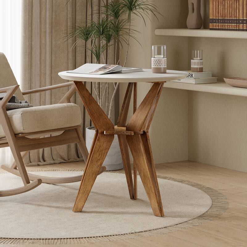COZAYH Farmhouse End Table, Rustic Side Table with White Top and Tripod Base, Round