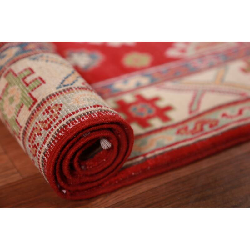 Red Kazak Foyer Rug Handmade Traditional Geometric Wool Carpet - 2'8"x 4'3"