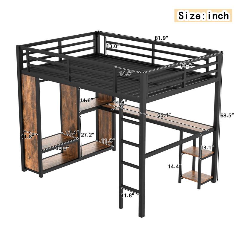 Queen Size Metal Loft Bed with Wardrobe, Desk, and Storage Shelves