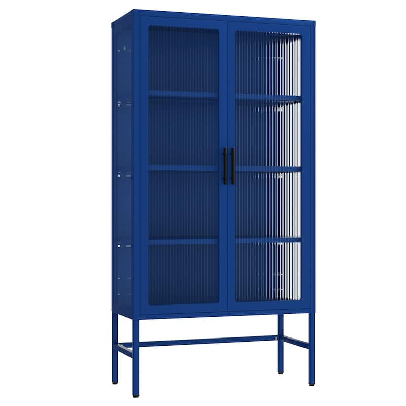 Modern Glass Door Cabinet with Adjustable Shelves Steel Storage Sideboard - Blue